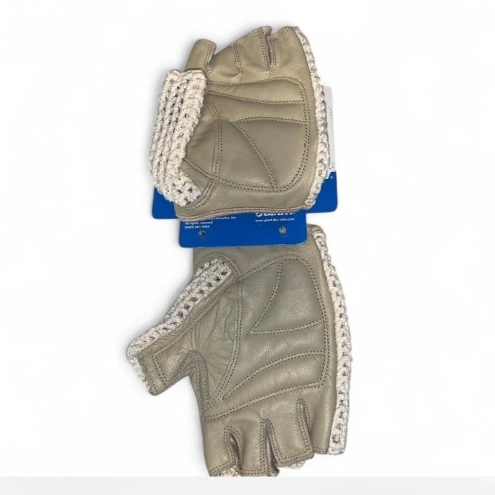 Giant Crochet and leather cream tan breathable Cycling Gloves size large velcro
